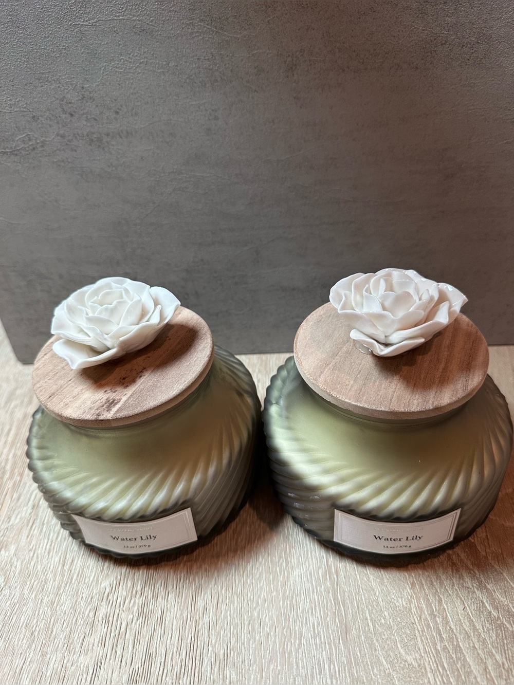 Water Lily Glass Jar Candle with White Floral Lid - Set of 2